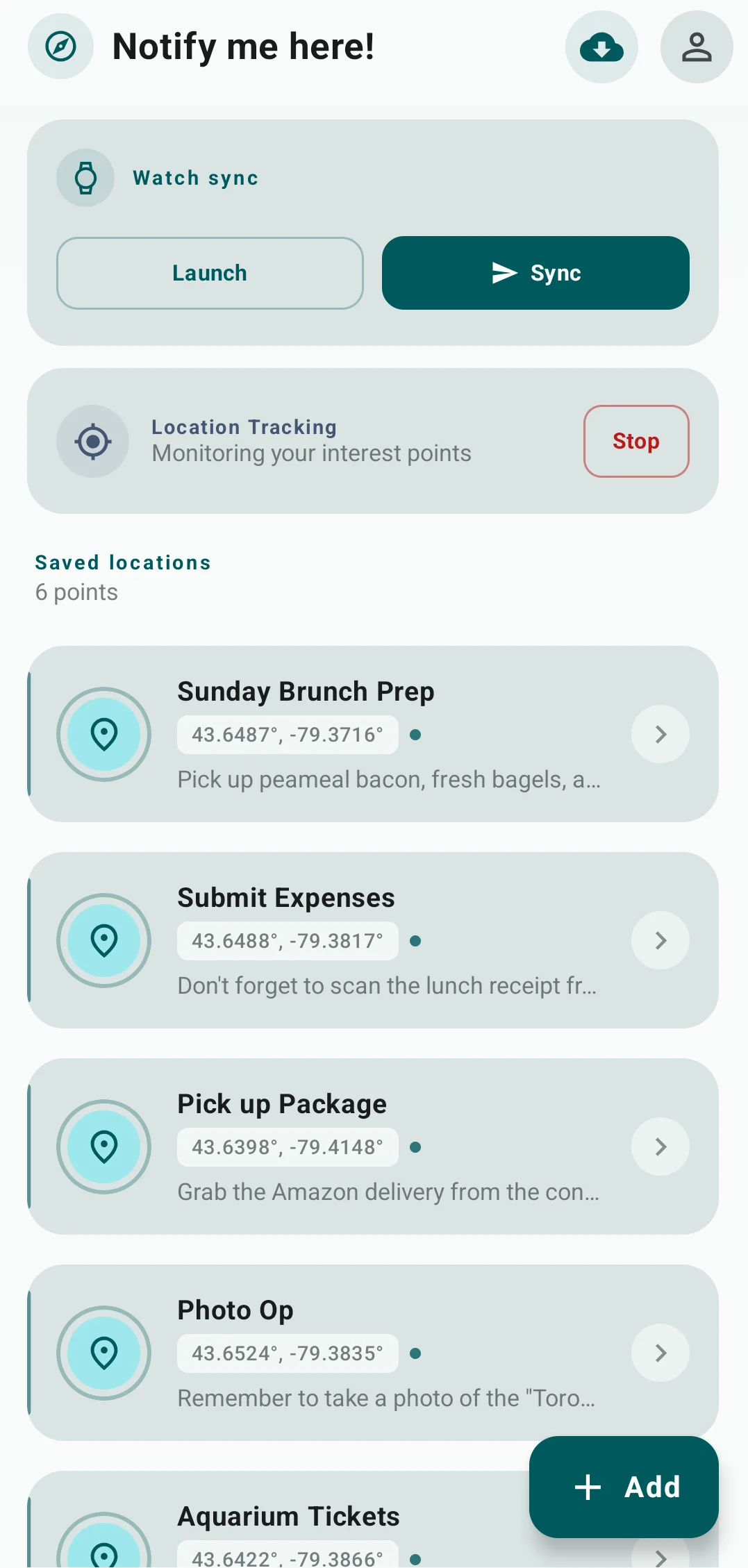 Notify me Here main dashboard showing the list of location reminders