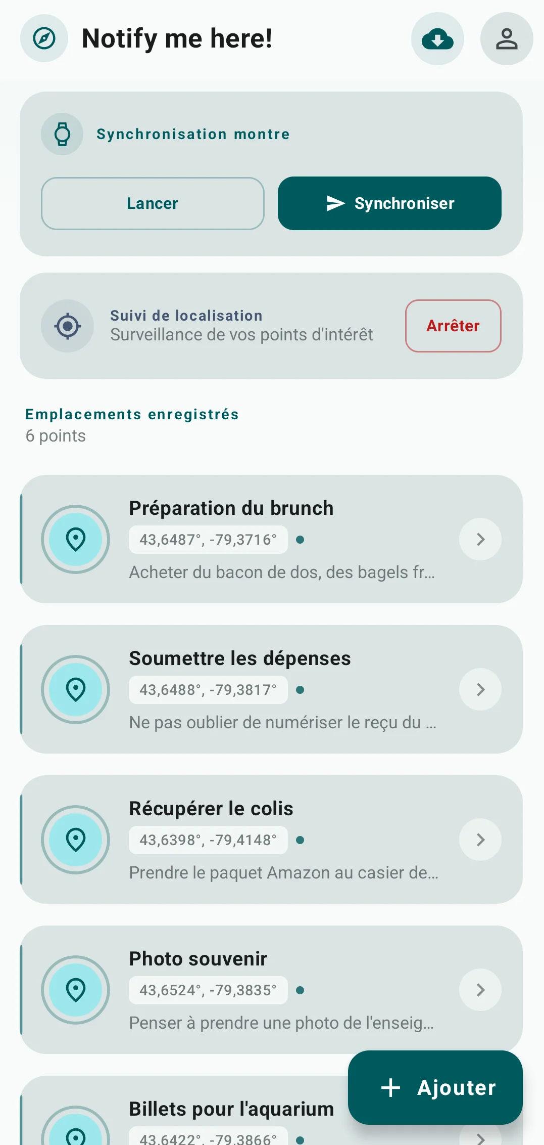 Tableau de bord principal Notify me Here affichant la liste des rappels